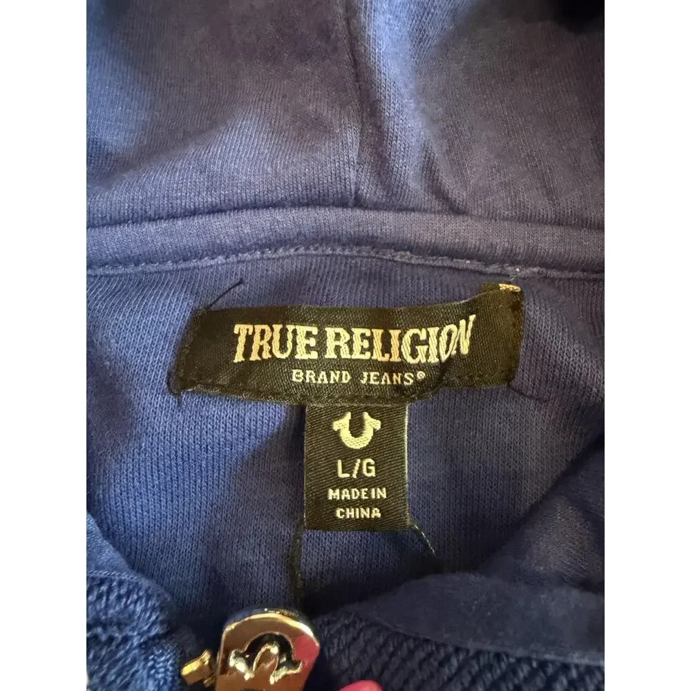 True Religion Hoodie Mens Large Blue Reverse Terry Zip Up Sweatshirt NWT